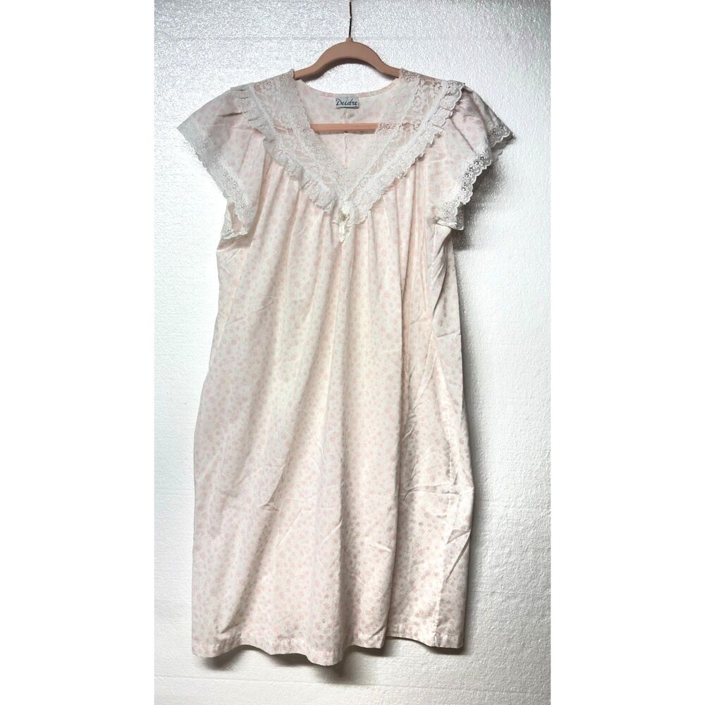 Deidre Vintage 1980's Nightgown Grannycore White Pink Flowers Lace Trim Dress